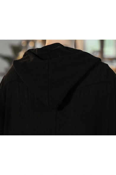 Mens Vintage Chinese Style Plain Frog Button Front Black Longline Thin Hooded Coat