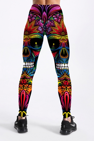New Arrival Elastic Waist Skull Floral Printed Fitted Legging Pants