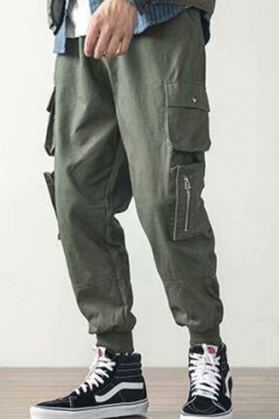 New Fashion Plain 4-pocket Styling Drawstring Waist Elastic Cuff Men's Casual Cotton Cargo Pants