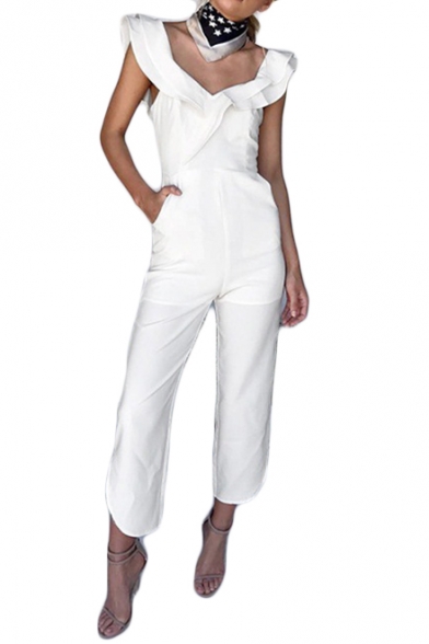New Fashion Womens White Ruffle V-Neck Simple Solid Color Slim Jumpsuit