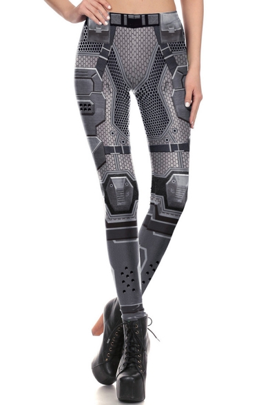 New Stylish Grey Armor Printed Elastic Waist Skinny Stretch Legging Pants
