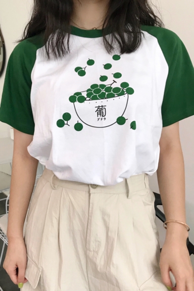 

New Trendy Fruit Printed Raglan Sleeve Contrast Neck Printed Cute T-Shirts, LM549811, Green;red