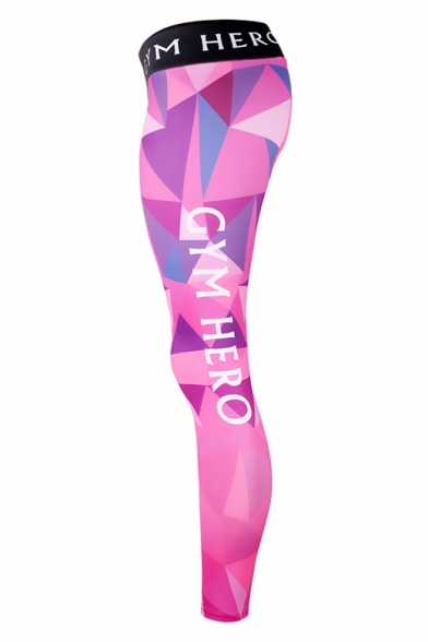New Trendy Pink Elastic Waist CYM HERO Letter Geometric Printed Slim Fitted Legging Pants