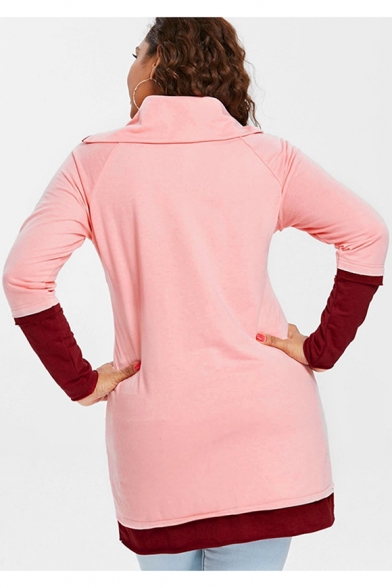 New Trendy Womens Plus Size Color Block Zipper Collar Long Sleeve Pink Sweatshirt
