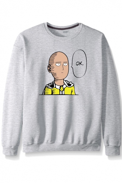Popular Comic OK Bald Figure Printed Round Neck Long Sleeve Pullover Sweatshirt