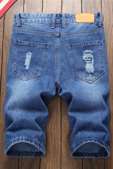 Popular Fashion Ripped Detail Simple Plain Zip-fly Blue Denim Shorts for Men