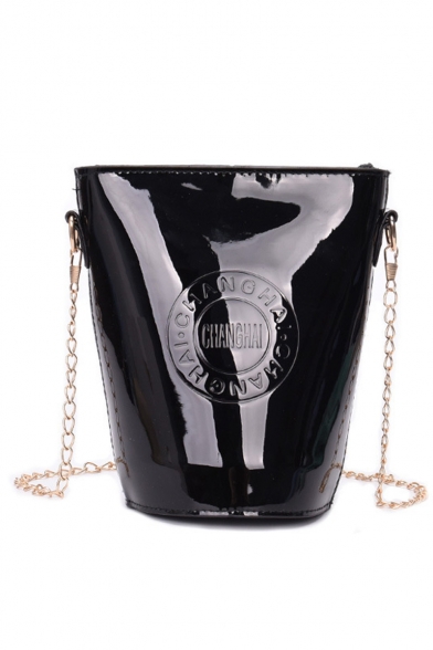 Popular Graphic Pattern Solid Color Patent Leather Glossy Chain Bucket Bag 13*18*12 CM