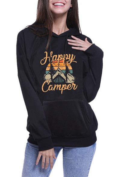 Popular Happy Camper Graphic Print Long Sleeve Black Hoodie