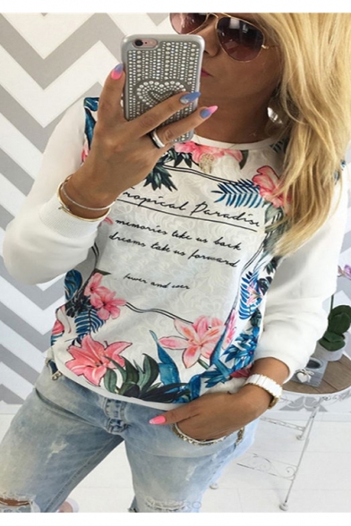 Popular Trendy Floral Letter Printed Round Neck Long Sleeve Pullover Sweatshirt