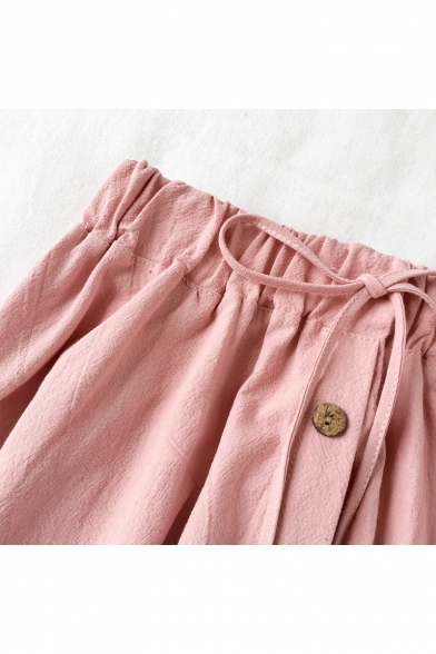 Students Simple Plain Drawstring Waist Button Down Midi A-Line Linen Skirt