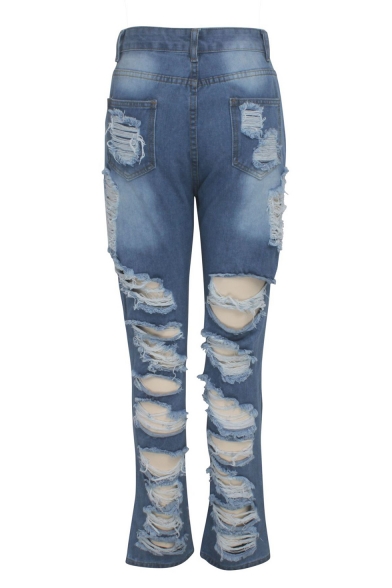 Stylish High Waist Distressed Ripped Rolled Cuff Straight Fit Blue Jeans