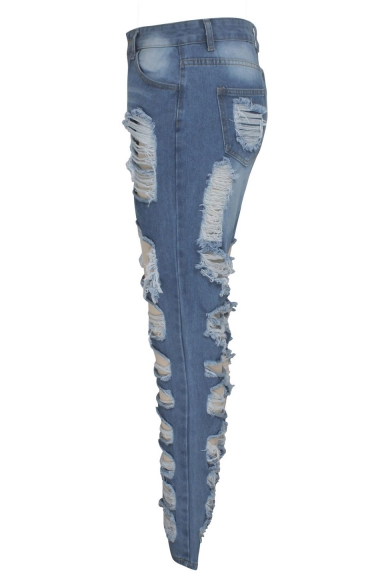 Stylish High Waist Distressed Ripped Rolled Cuff Straight Fit Blue Jeans