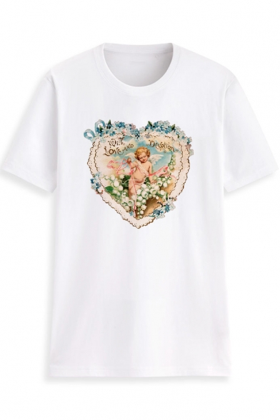 Summer Chic Floral Heart Angel Baby Printed Basic Short Sleeve White Tee