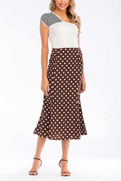 Summer Fancy Polka Dot Printed Fitted Fishtail Midi Skirt
