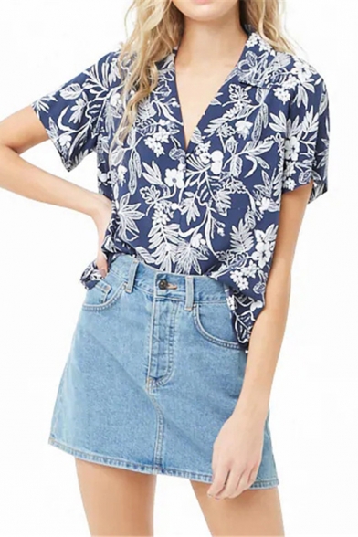 Summer Fashion Tropical Printed Notched Lapel Collar Short Sleeve Loose Chiffon Holiday Hawaiian Camp Shirt
