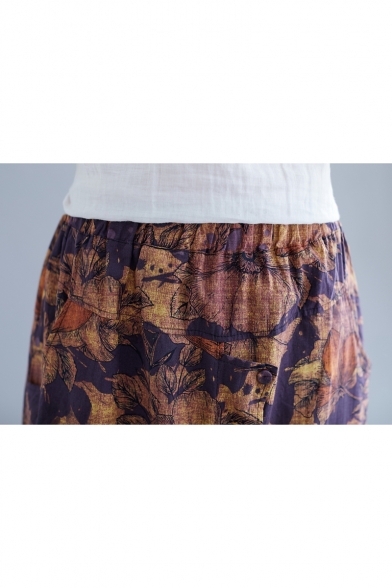 Summer Girls Vintage Floral Printed Elastic Waist Button Front Midi Casual Linen Skirt
