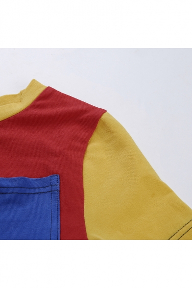 Summer Hot Fashion Color Block One Pocket Patched Round Neck Short Sleeve Slim Fit Red Cropped Tee