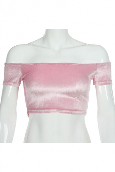 Summer Hot Fashion Off the Shoulder Short Sleeve Pink Velvet Crop Tee