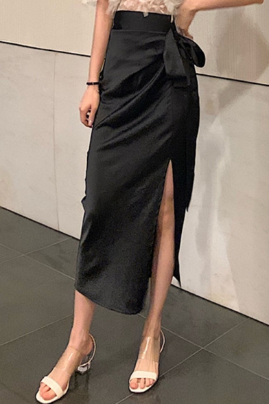 Summer Hot Fashion Plain High Waist Self-Tie Split Side Chic Midi Skirt