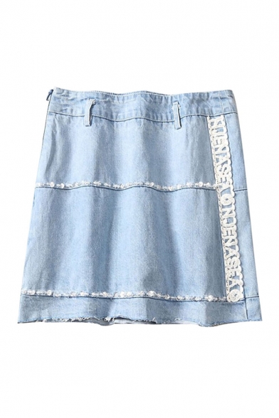 Summer Hot Fashion Tassels Hem Letter Print Blue Denim Mini Skirt