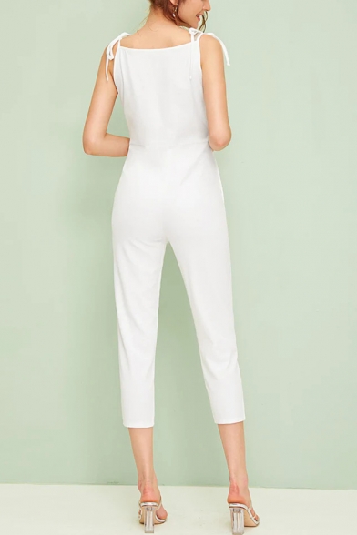 Summer Hot Fashion White Straps Sleeveless Tie-Waist Slim Jumpsuit