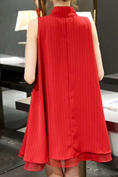 Summer Fashion Red Striped Print Bow-Tie Sleeveless Chiffon Flare Mini A-Line Dress