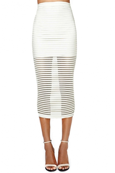 Summer Hot Trendy White Striped Simple Slim Fitted High Waist Midi Skirt for Women