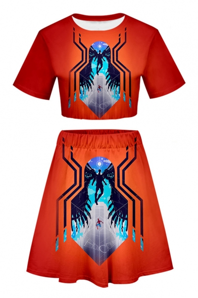 Summer Popular Spider Printed Short Sleeve Crop Tee with Mini A-Line Skirt Two-Piece Set