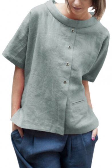 

Summer Round Neck Short Sleeve Pocket Patched Button Down Light Green Linen Blouse Top, LM541442