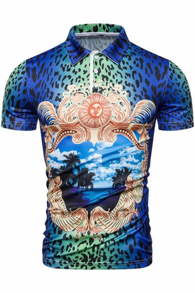 Summer Stylish Blue Tropical Coconut Landscape Print Short Sleeve Fitted Polo for Men