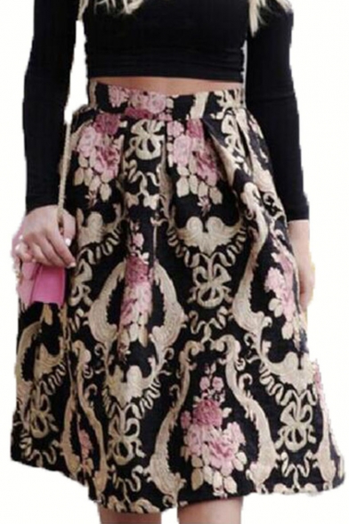 Summer Stylish Vintage Black High Waist Floral Print Flare Midi Skirt for Women