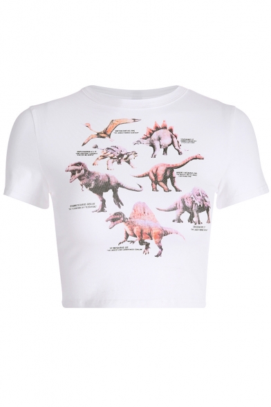 Summer Trendy Dinosaur Printed Round Neck Short Sleeve White Crop Tee