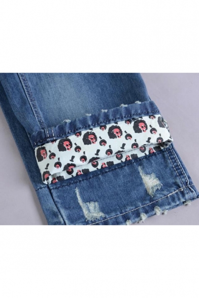 Summer Trendy Ghost Print Patched Ripped Detail Rolled Cuffs Blue Zip-fly Denim Shorts for Men