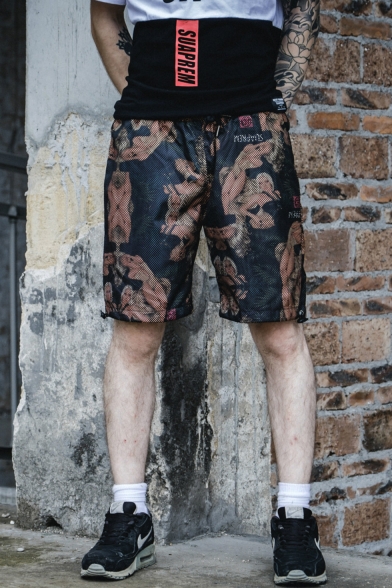 Summer Trendy Printed Drawstring Waist Black Mesh Quick Drying Men's Casual Athletic Shorts