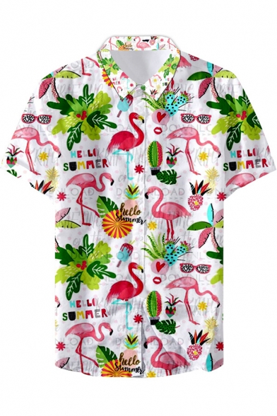 Summer Trendy Tropical Leaf Flamingo Printed Short Sleeve Beach Hawaiian Shirt