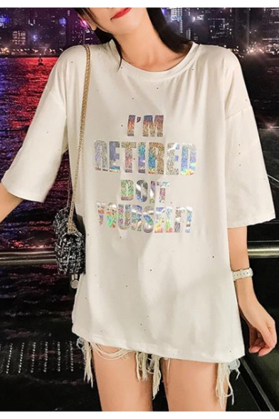 Summer Unique Glitter Letter I'M RETIRED Print Round Neck Longline Loose Sequined T-Shirt