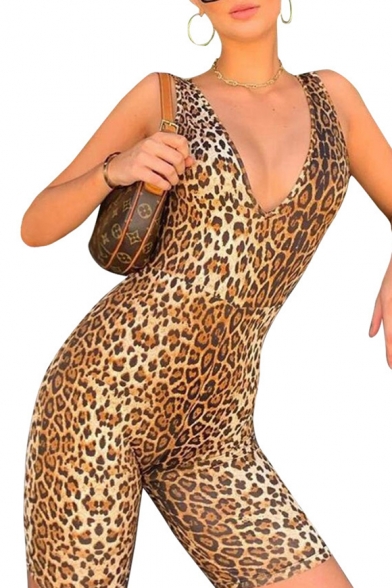 Summer Womens Hot Fashion Plunge V-Neck Leopard Print Backless Sleeveless Skinny Fit Romper