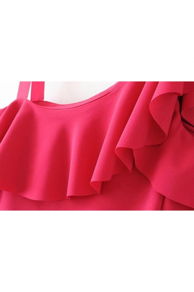 Trendy Plain Red One Shoulder Cutout Sleeve Ruffled Hem Mini Shift Dress