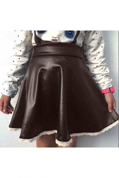 Unique Fashion High Rise Chic Lace Trimmed Mini A-Line PU Skirt