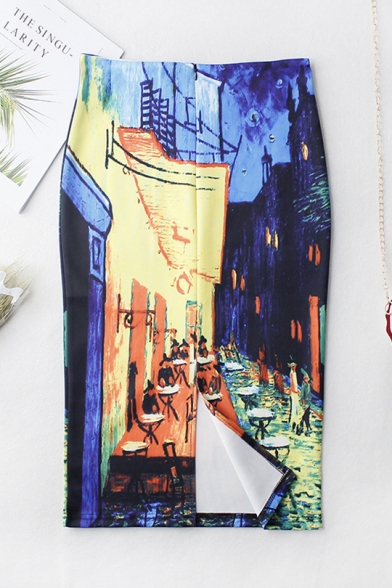 Unique Trendy Restaurant Oil Painting Split Back Midi Pencil Skirt for Women