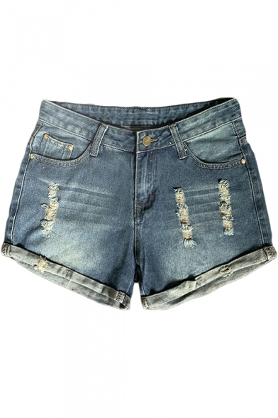 Vintage Distressed Ripped Rolled Cuff High Waist Hot Pants Denim Shorts
