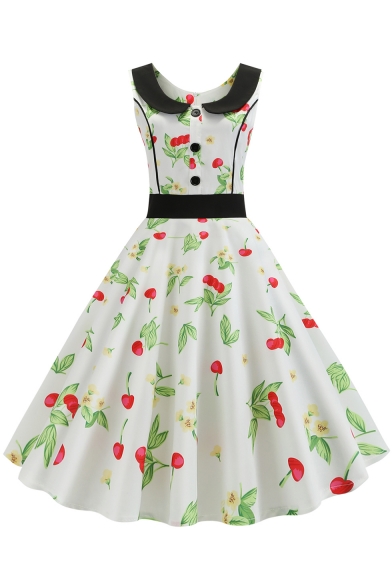 Vintage White Peter-Pan Collar Sleeveless Cherry Print Button Front Midi Fit and Flared Dress