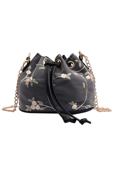 Women's Elegant Lace Floral Pattern Drawstring Crossbody Bucket Bag with Chain Strap 13*17*12 CM