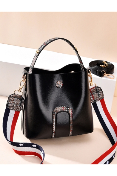 Women's Fashion Plaid Handle Striped Strap Button Embellishment Bucket Handbag 19*10*18 CM