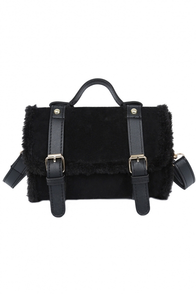 Women's Fashion Solid Color Plush Trim Belt Buckle Frosted Cambridge Bag Satchel Shoulder Bag 20*13*5 CM