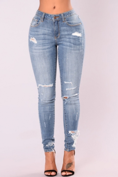 Women's Trendy Light Blue Ripped Deatil Destroyed Skinny Fit Jeans
