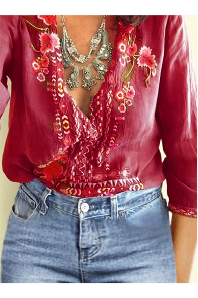 Womens Chic Floral Embroidery V-Neck Casual Loose Blouse Top