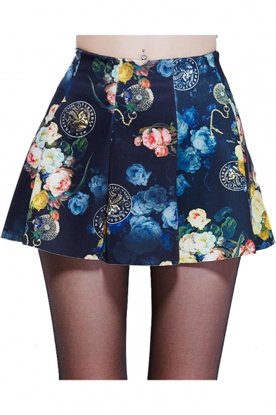Womens Chic Navy Floral Printed High Waist Mini A-Line Skort Skirt