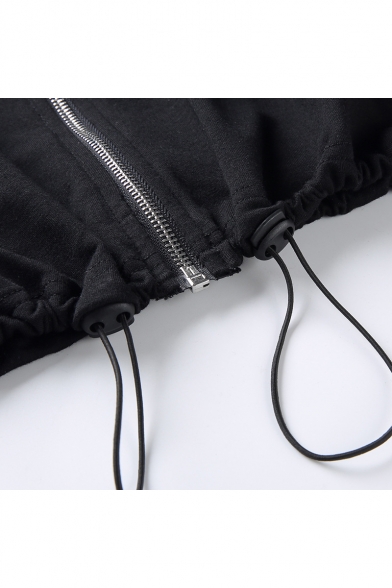 Womens Cool Street Letter BE FUCKING NICE Print Two-Tone Zipper Stand Collar Drawstring Hem Crop Black Sweatshirt