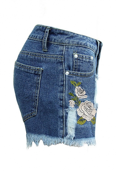 Womens Dark Blue Chic Floral Embroidery High Rise Ripped Fringed Hem Skinny Denim Shorts